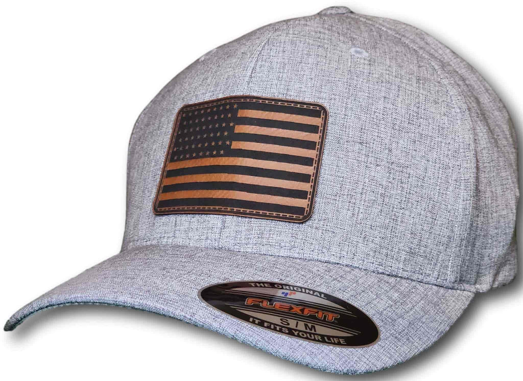 American Flag Leatherette Patch Flexfit Heatherlight Melange Hat - Columbus Apparel Co