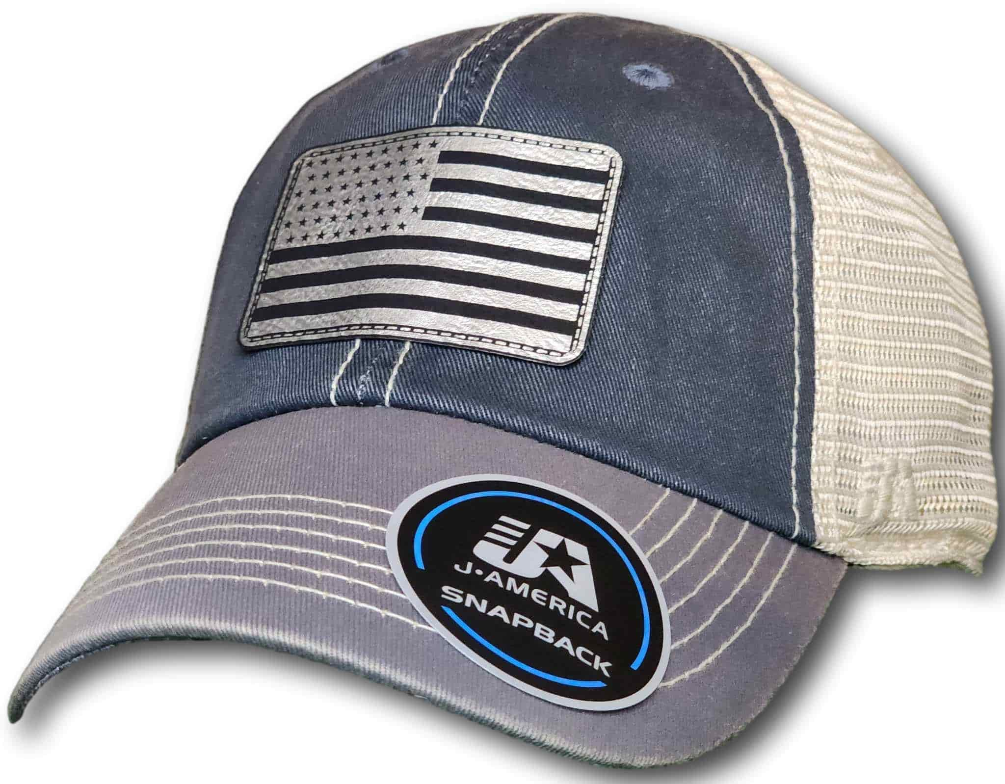 American Flag Leatherette Patch Unstructured Snapback Trucker Hat - Columbus Apparel Co