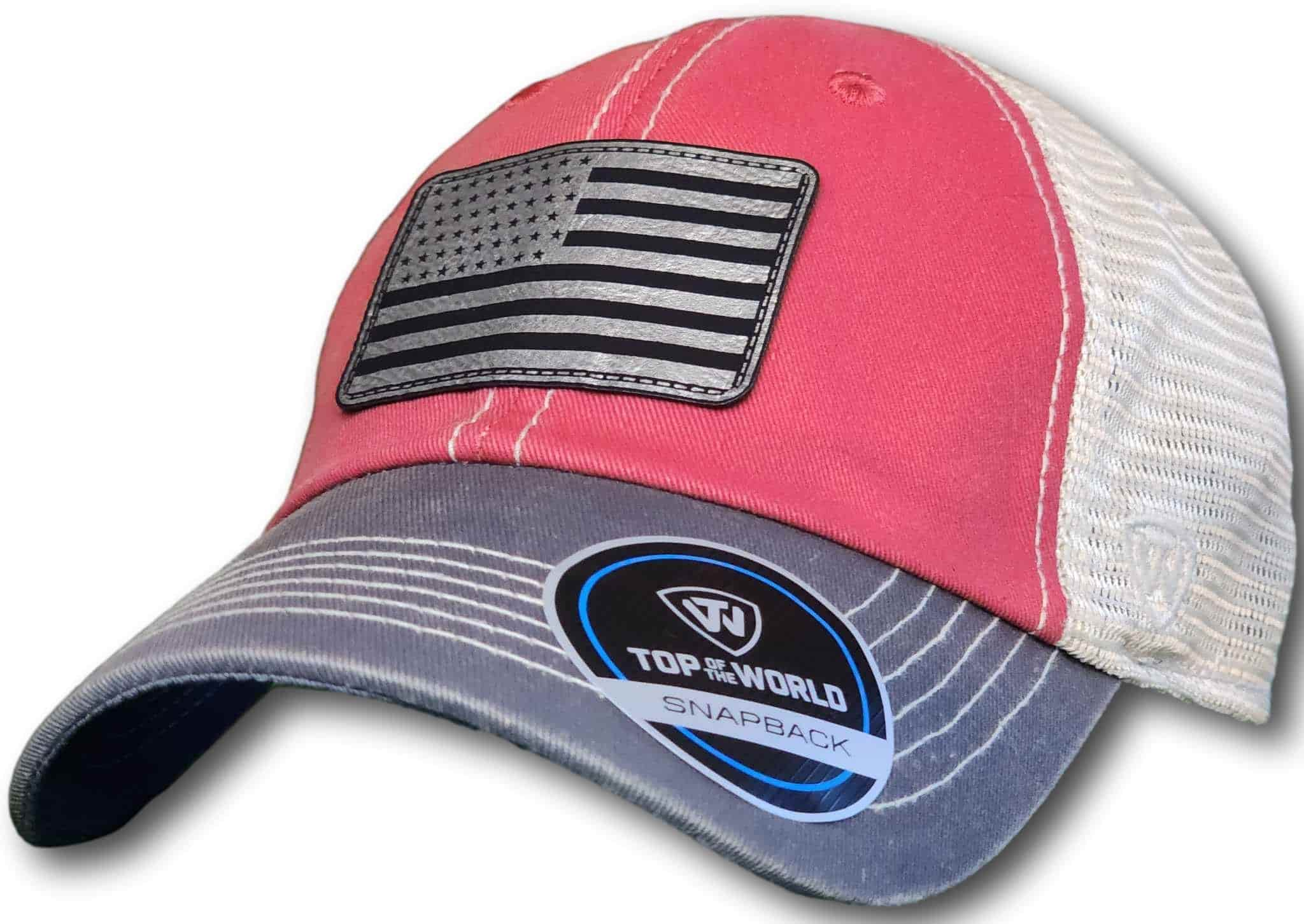 American Flag Leatherette Patch Unstructured Snapback Trucker Hat - Columbus Apparel Co