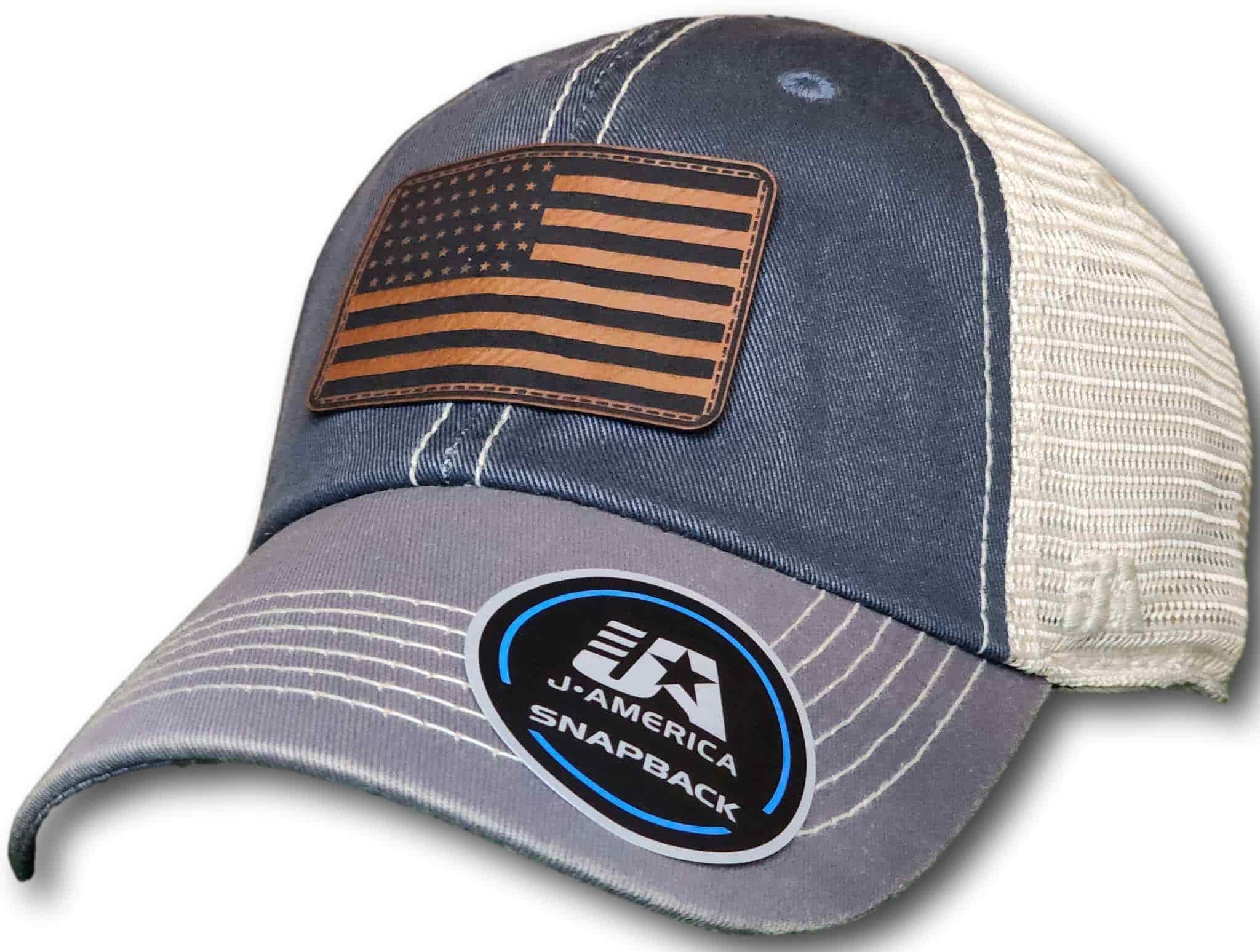 American Flag Leatherette Patch Unstructured Snapback Trucker Hat - Columbus Apparel Co