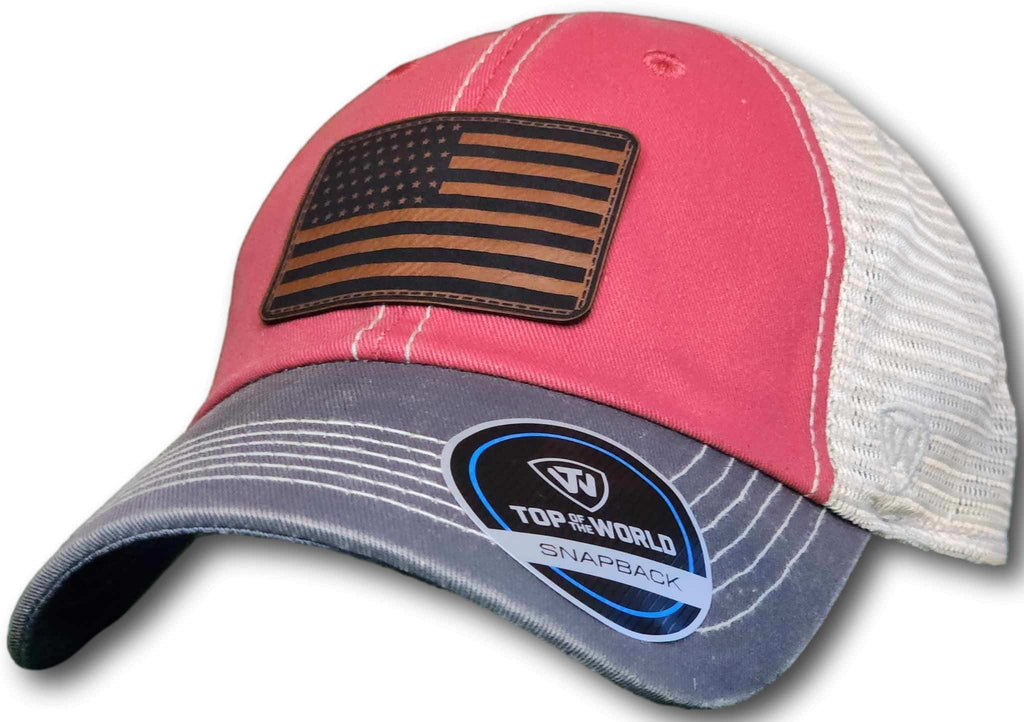 American Flag Leatherette Patch Unstructured Snapback Trucker Hat - Columbus Apparel Co