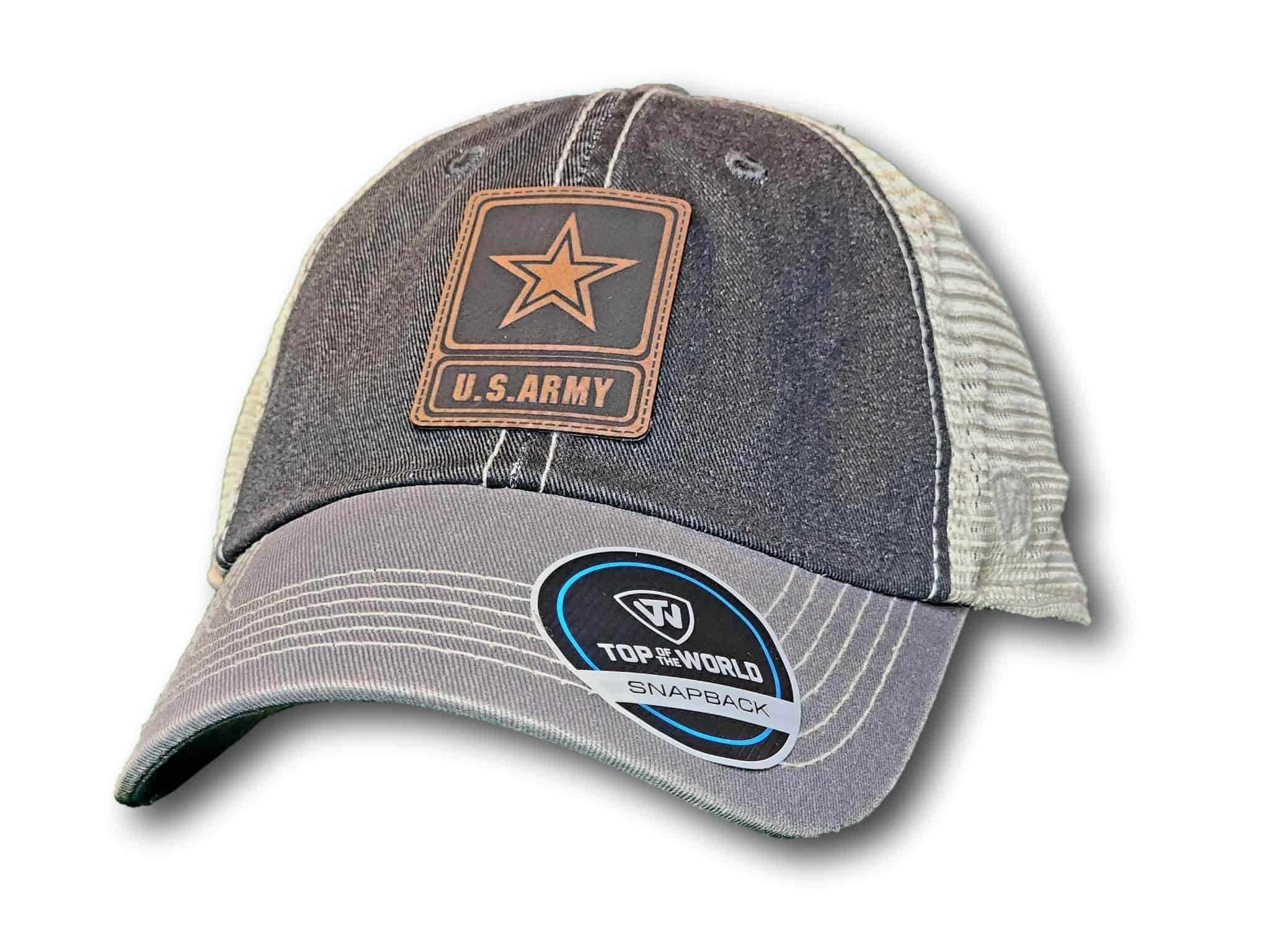 Army Leatherette Patch Unstructured Snapback Trucker Hat - Columbus Apparel Co