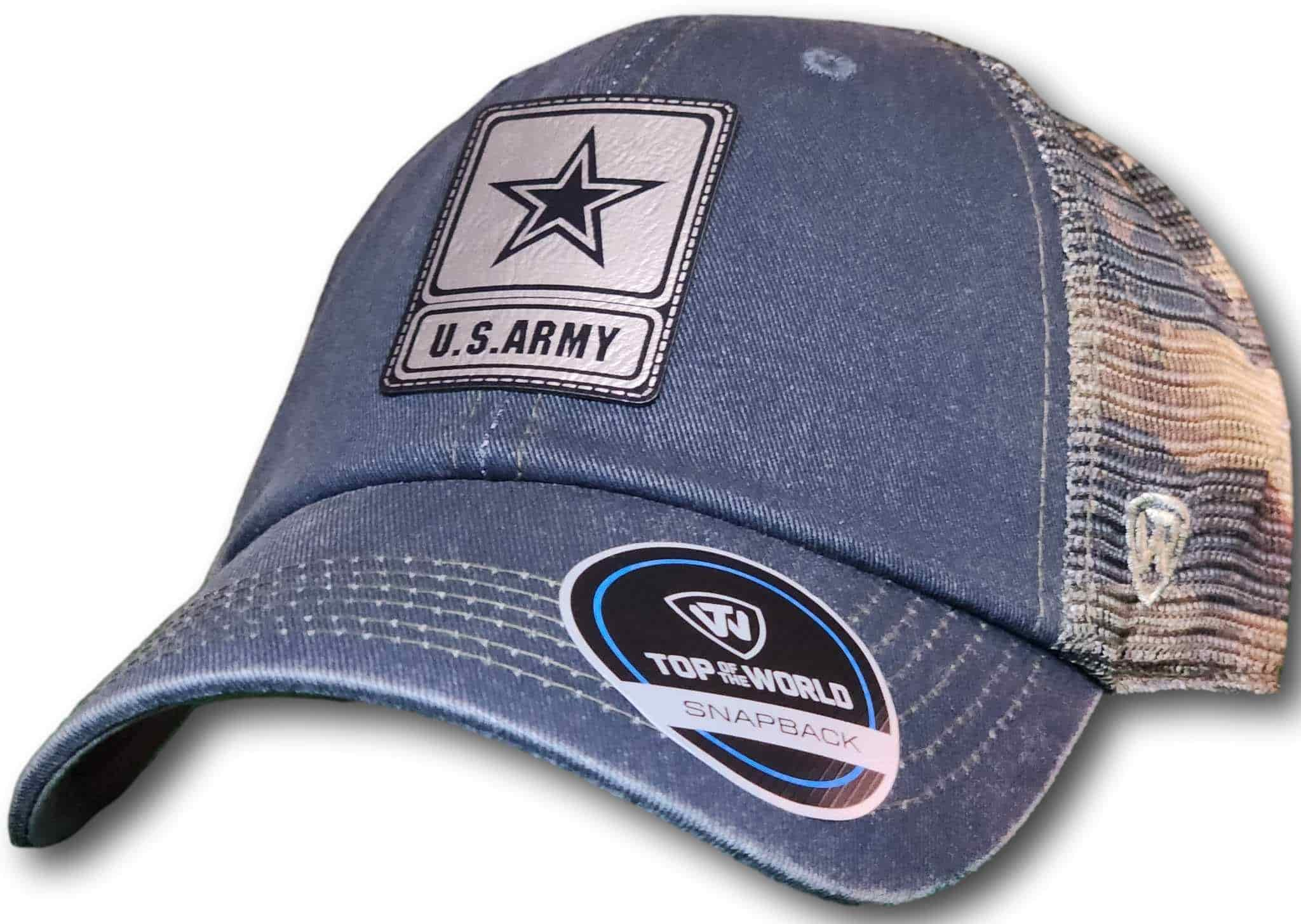 Army Leatherette Patch Unstructured Snapback Trucker Hat - Columbus Apparel Co