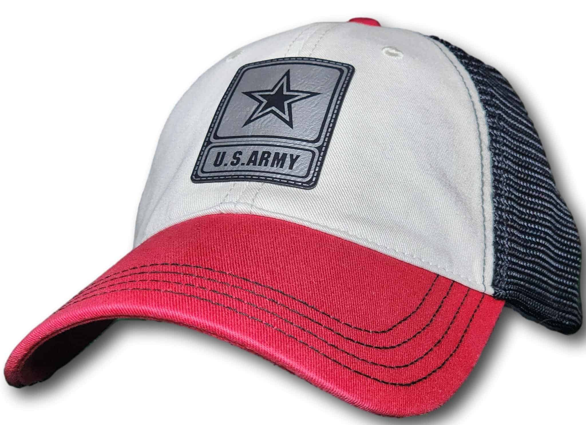 Army Leatherette Patch Unstructured Snapback Trucker Hat - Columbus Apparel Co