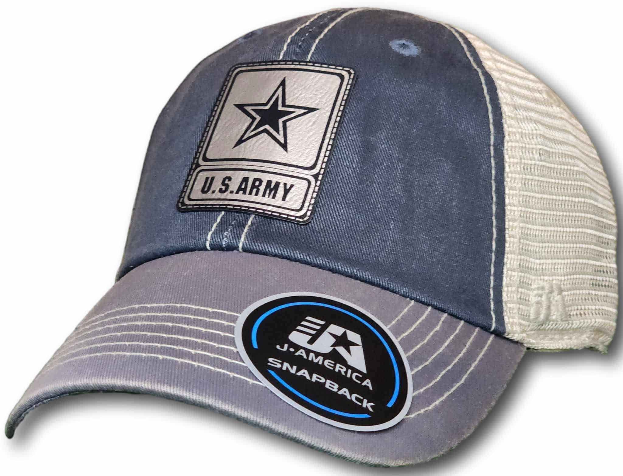 Army Leatherette Patch Unstructured Snapback Trucker Hat - Columbus Apparel Co