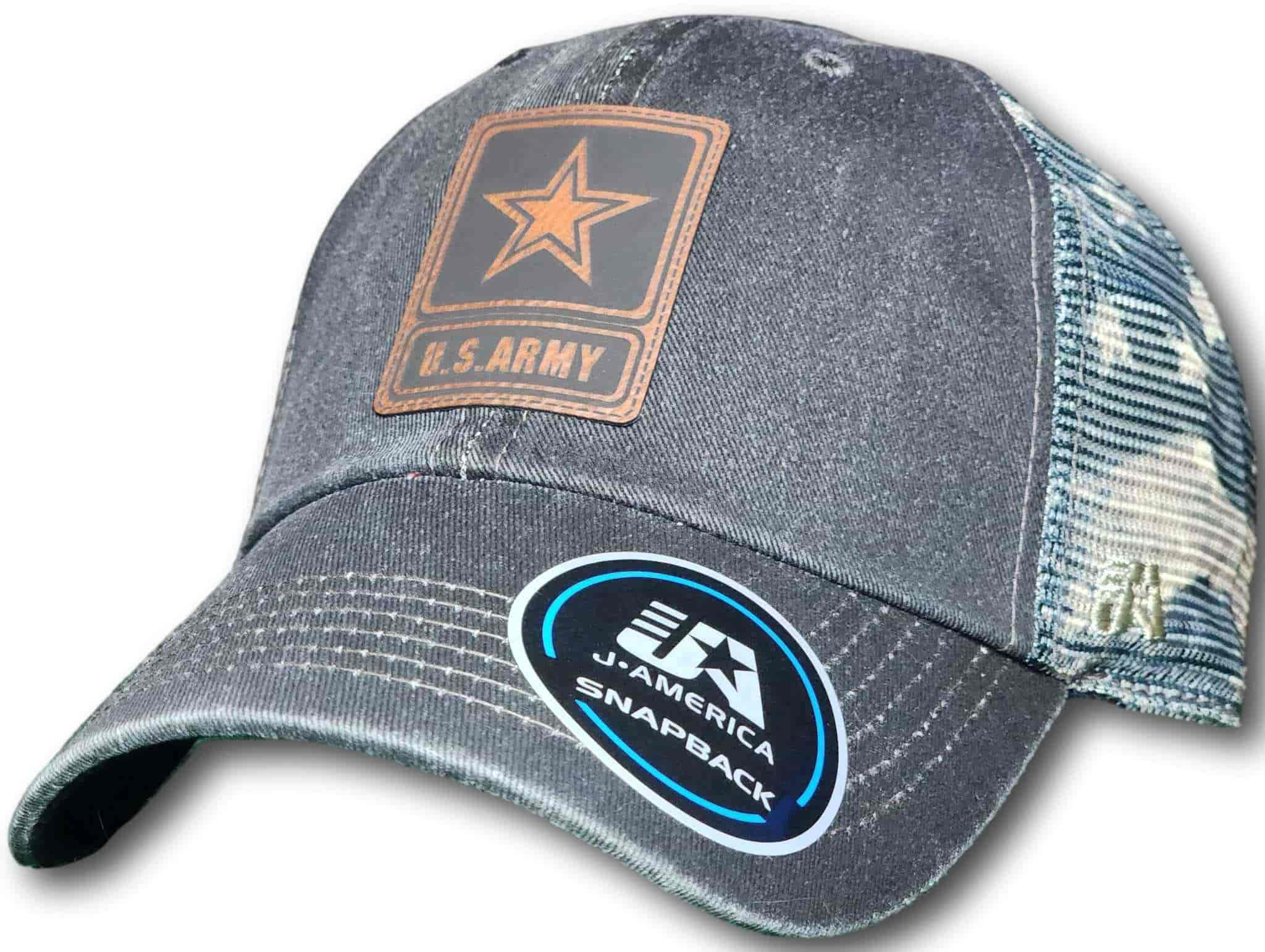 Army Leatherette Patch Unstructured Snapback Trucker Hat - Columbus Apparel Co