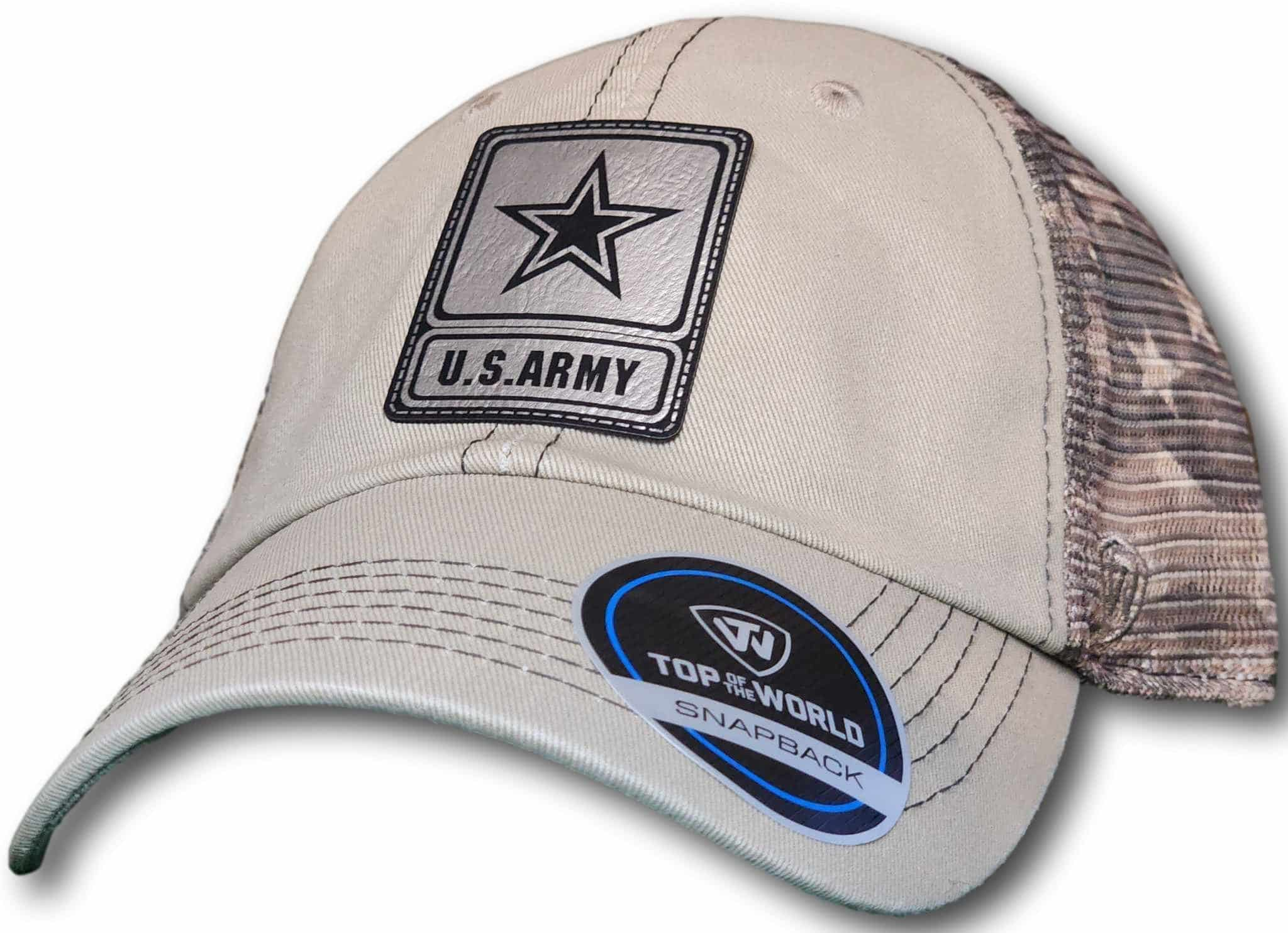 Army Leatherette Patch Unstructured Snapback Trucker Hat - Columbus Apparel Co