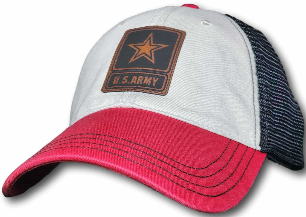 Army Leatherette Patch Unstructured Snapback Trucker Hat - Columbus Apparel Co