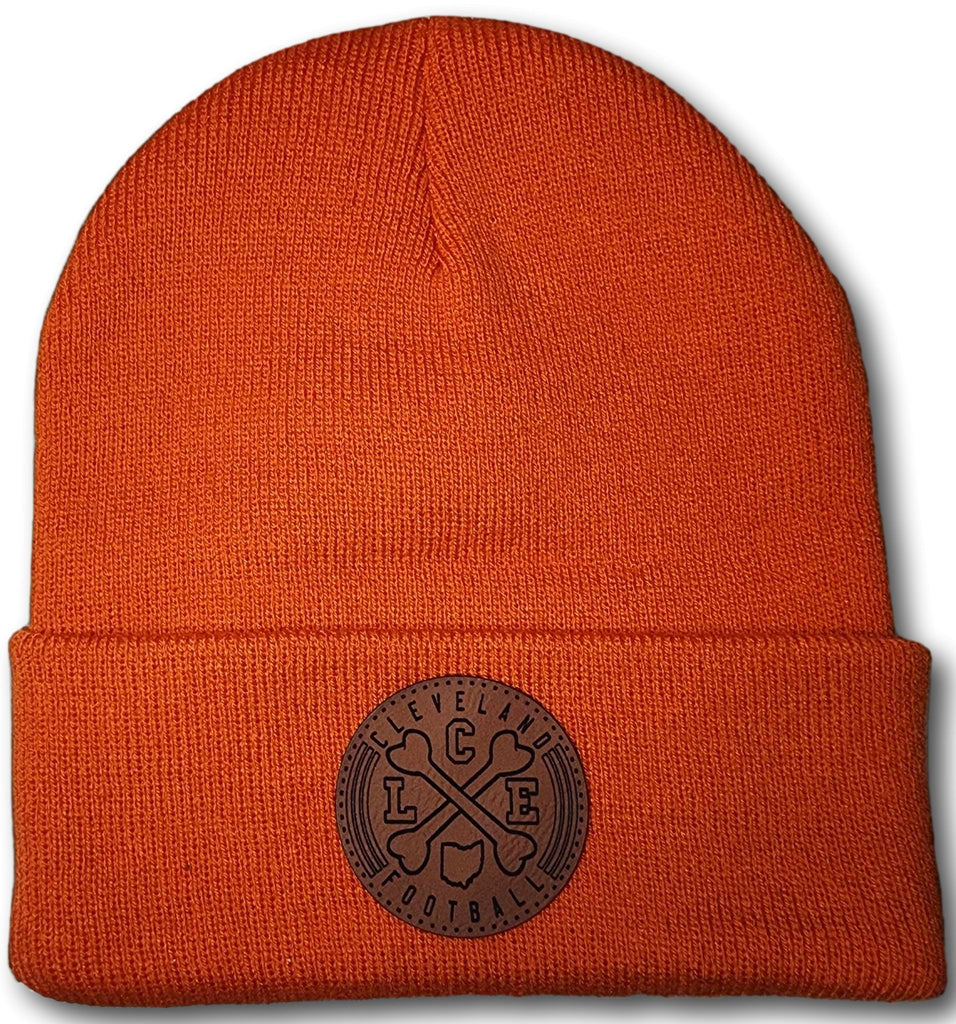 Cleveland Football Crossed Bones Leatherette Patch Beanie - Columbus Apparel Co
