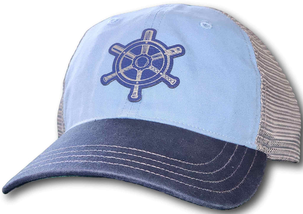 Columbus Baseball Ship's Wheel Leatherette Patch Unstructured Snapback Trucker Hat - Columbus Apparel Co