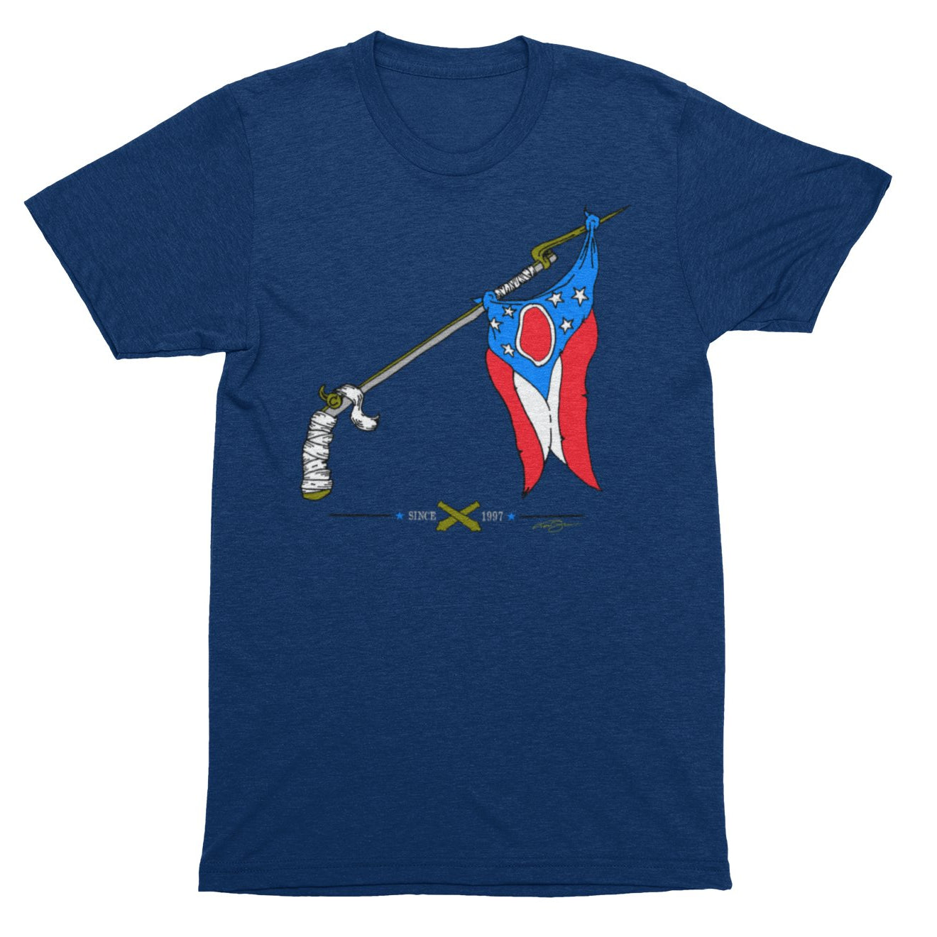 Columbus Hockey Musket Stick and Flag Unisex Super Soft T Shirt - Columbus Apparel Co