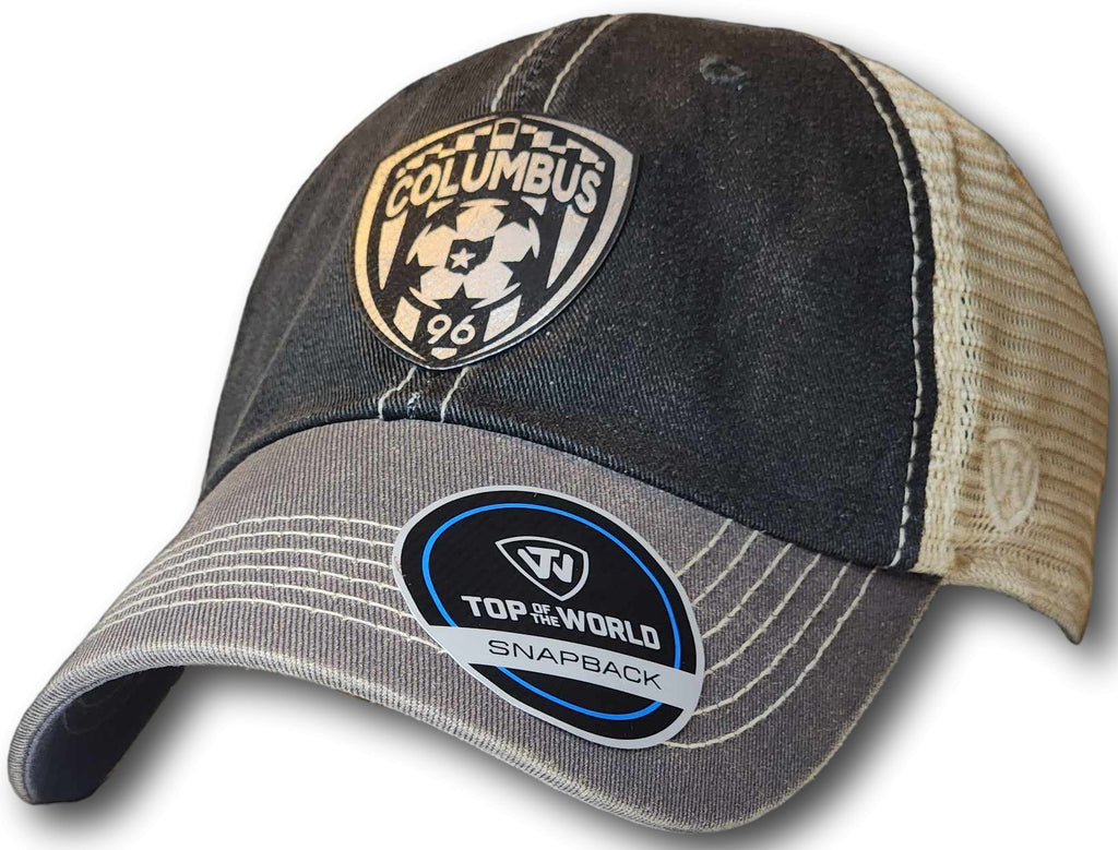 Columbus Soccer Crest Leatherette Patch Unstructured Snapback Trucker Hat - Columbus Apparel Co