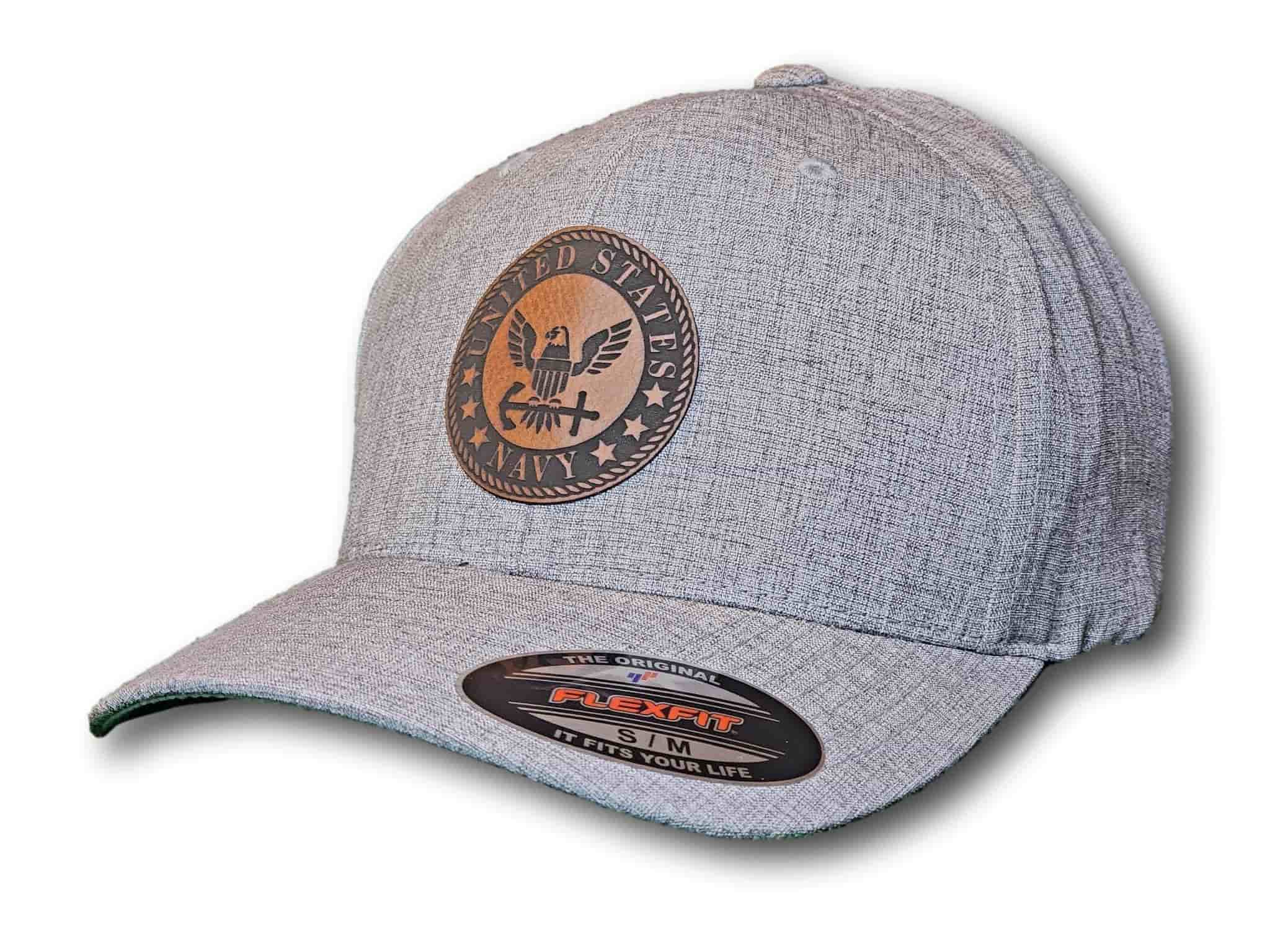 Navy Leatherette Patch Flexfit Heatherlight Melange Hat - Columbus Apparel Co