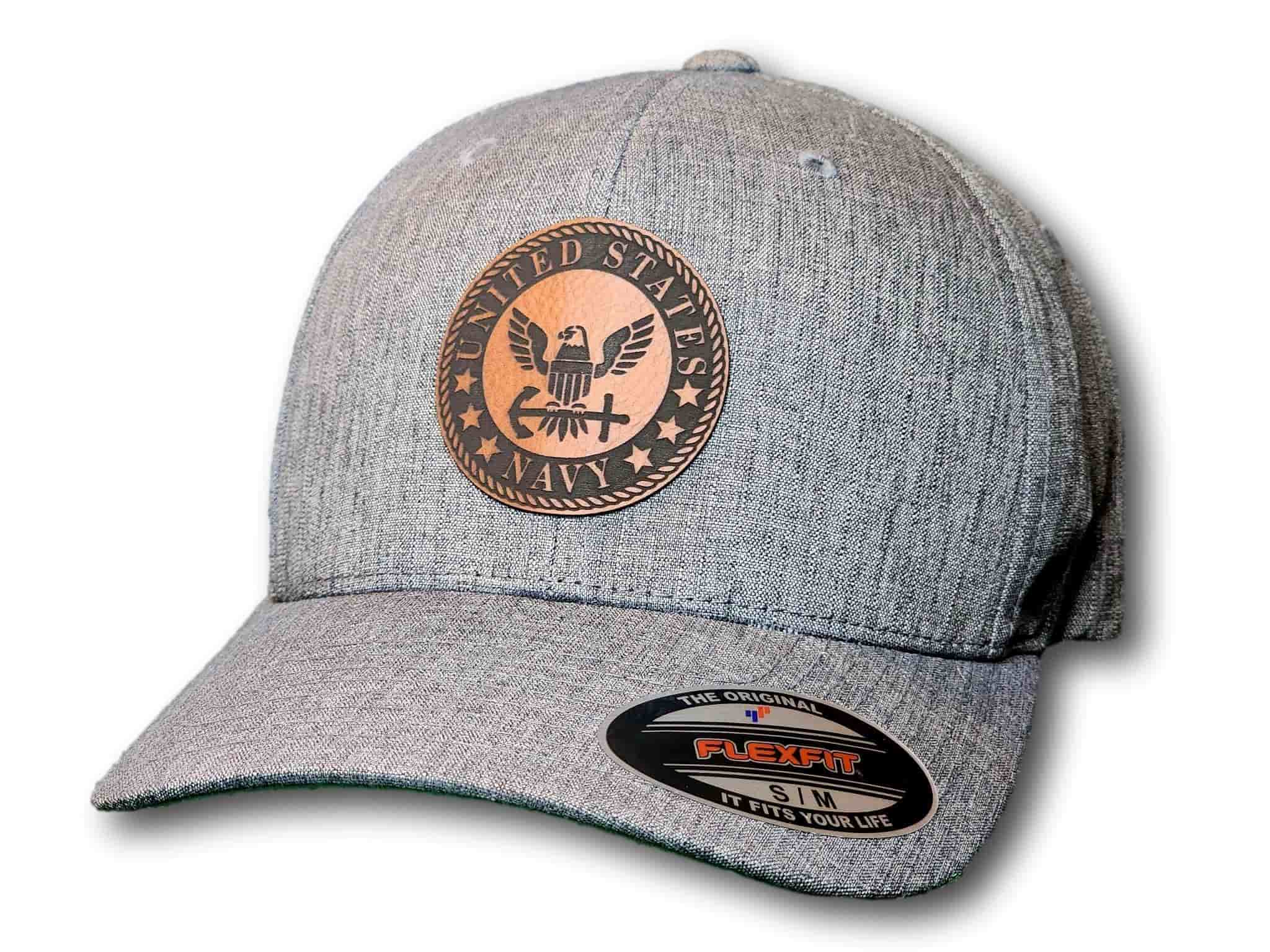 Navy Leatherette Patch Flexfit Heatherlight Melange Hat - Columbus Apparel Co