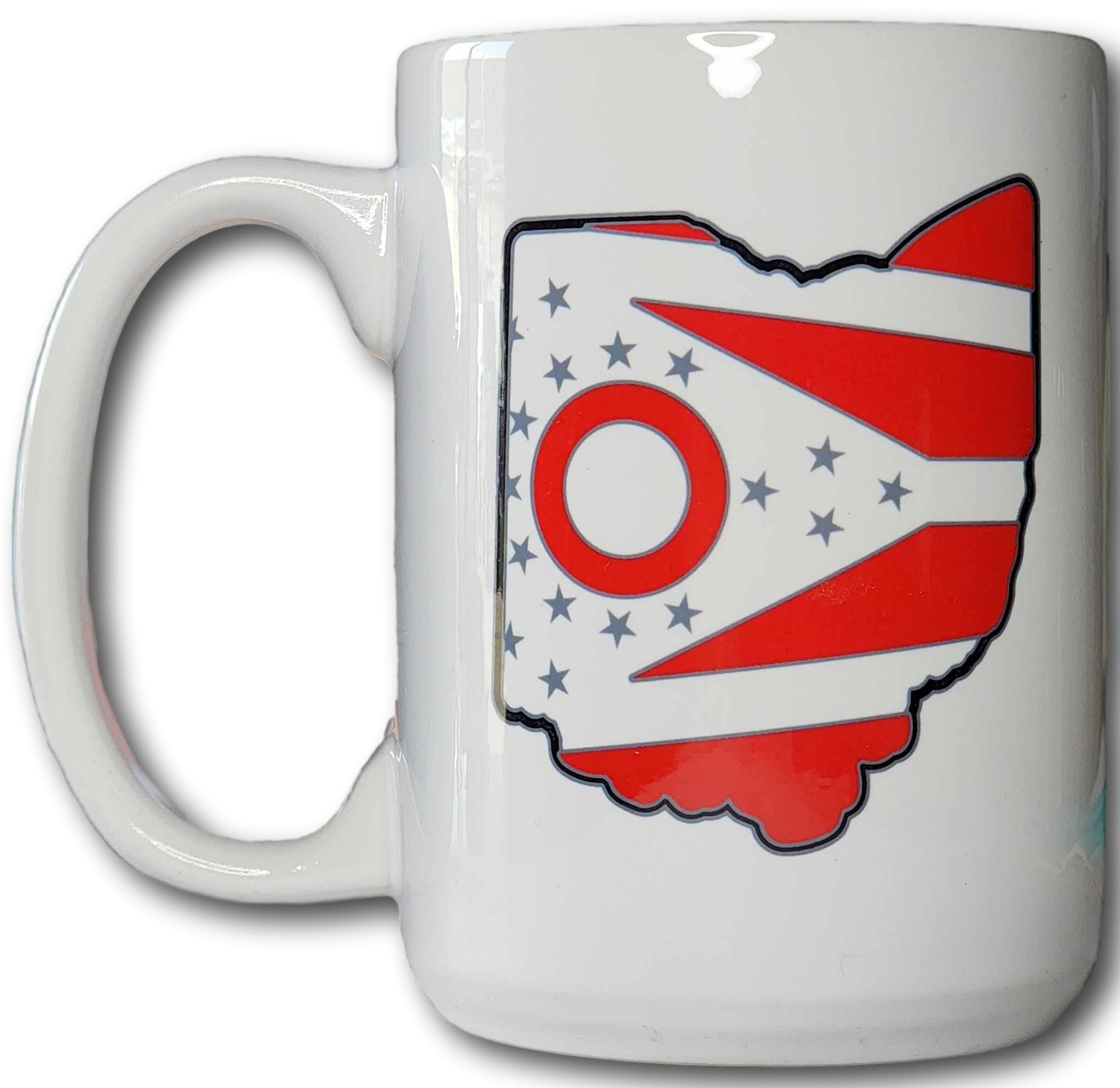 Ohio Flag in State Silhouette Scarlet and Gray 15 oz. Coffee Mug - Columbus Apparel Co