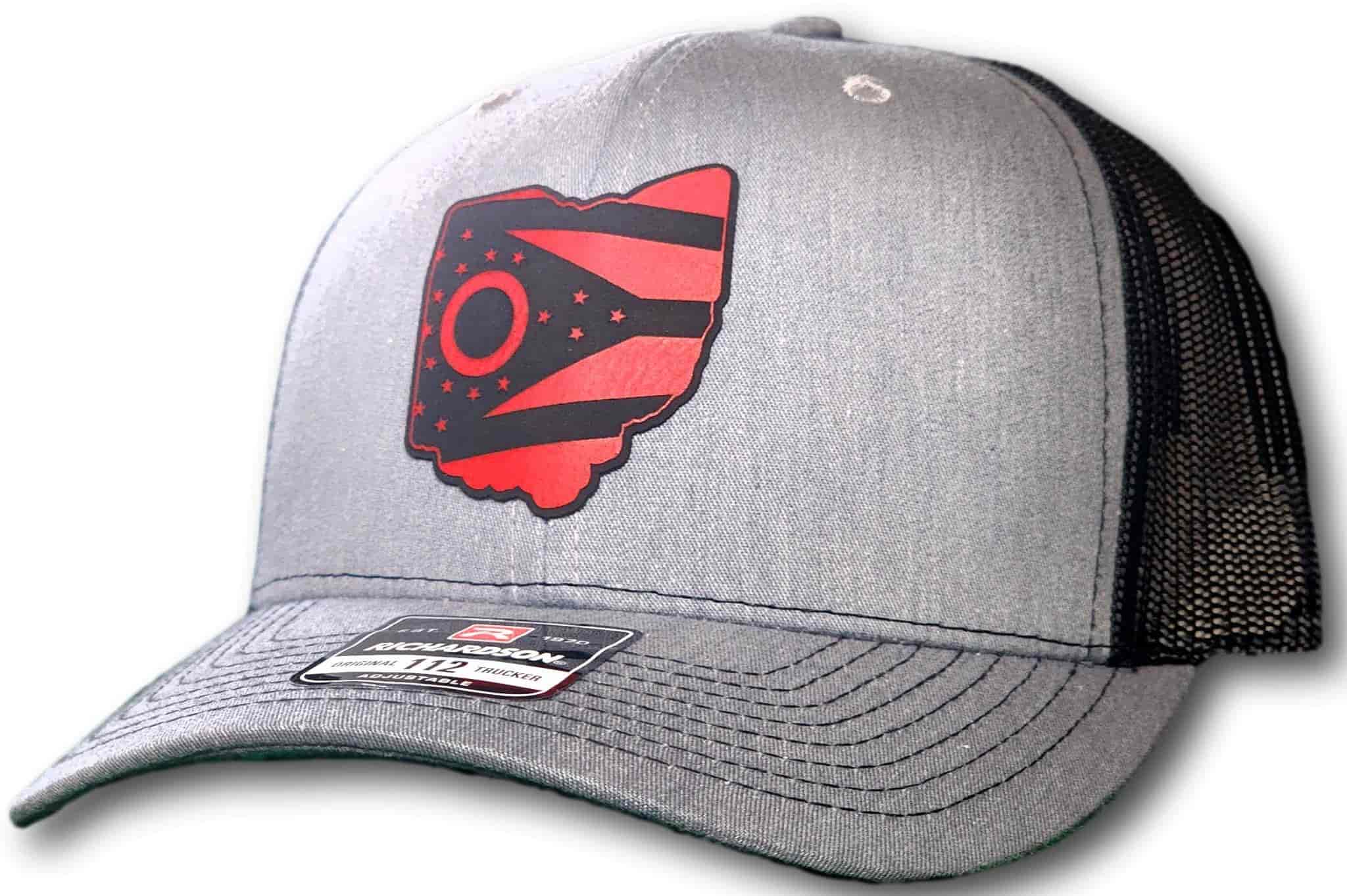 Scarlet and Black Ohio State Flag Leatherette Patch Richardson 112 Trucker Cap - Columbus Apparel Co