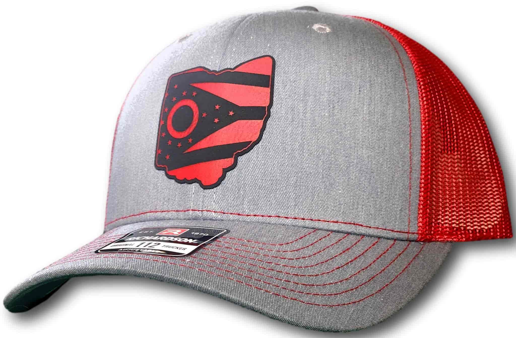 Scarlet and Black Ohio State Flag Leatherette Patch Richardson 112 Trucker Cap - Columbus Apparel Co