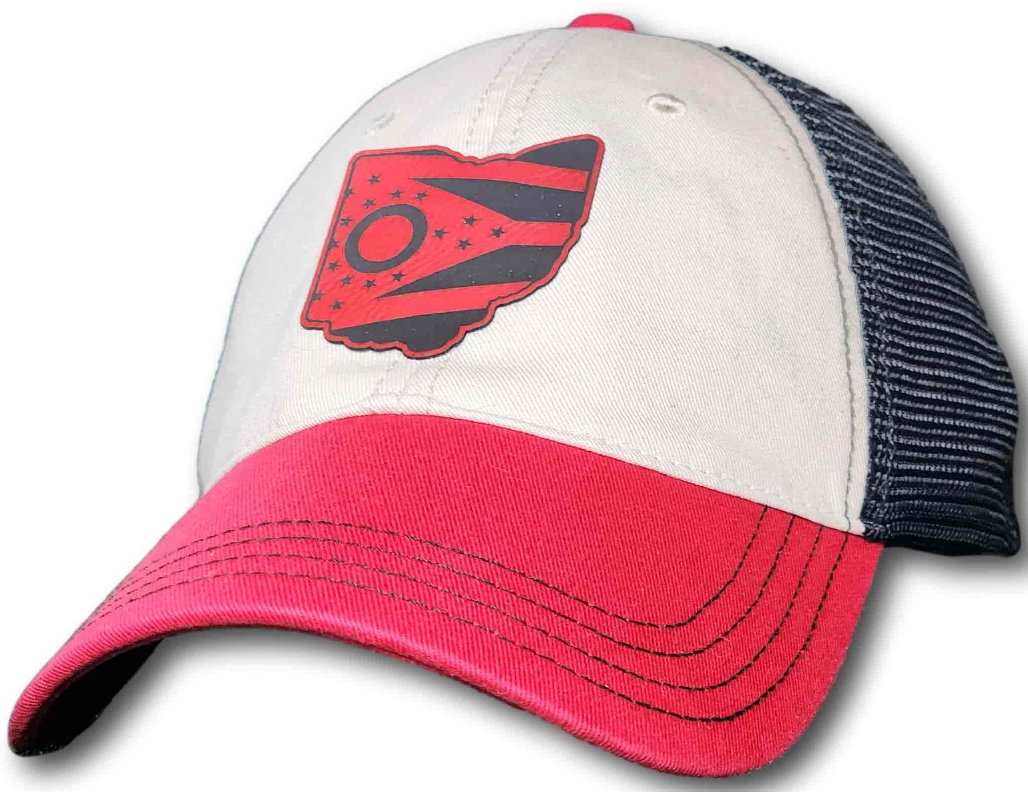 Scarlet and Black Ohio State Flag Leatherette Patch Unstructured Snapback Trucker Hat - Columbus Apparel Co